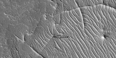 Close view of ridge networks, as seen by HiRISE under HiWish program. Arrow points to small, straight ridge.  Location is Arcadia quadrangle.