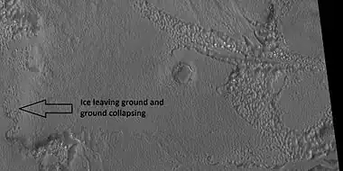 Close view of upper plains unit breaking down into brain terrain, as seen by HiRISE under HiWish program. As ice leaves the ground, the ground collapses and winds blow the remaining dust away.