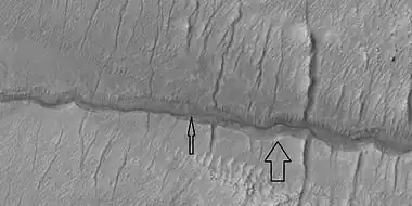 Close view of gully channels, as seen by HiRISE under HiWish program. Arrows point to small channel within larger channels.