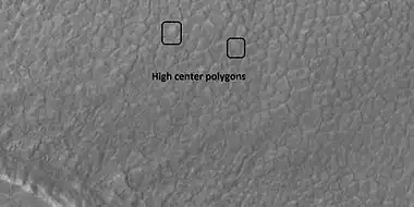 High center polygons, as seen by HiRISE under HiWish program.  Boxes are drawn around two individual polygons.