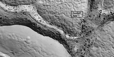 Close view of fractured ground, as seen by HiRISE under HiWish program. Box shows size of football field.  The boulders are the size of houses.