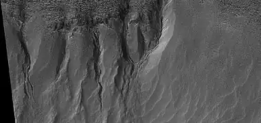Close view of gullies, as seen by HiRISE under HiWish program.  Channels show curves.
