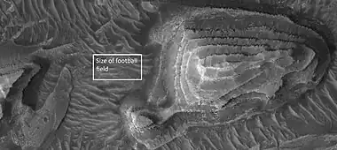 Layered mesa, as seen by HiRISE under HiWish program  Box is the size of a football field.