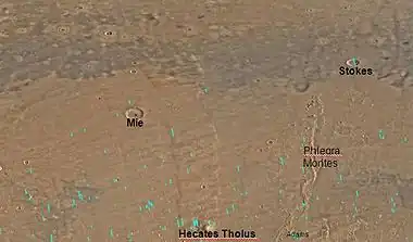 Map of Cebrenia. Viking 2 landed near Mie crater.  The volcano Hecates probably has glaciers on its slopes.