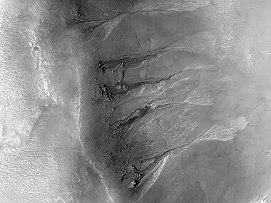 Gullies on crater wall  The bright apron is a bit unusual.