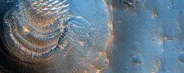 Close view of crater with strange layered deposit