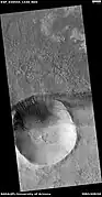 Crater with gullies on the edge of a trough