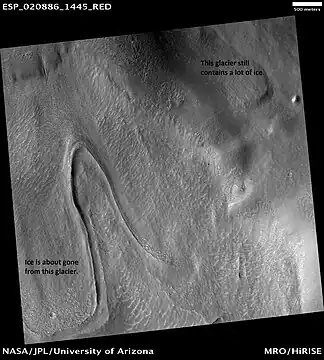 Glaciers, as seen by HiRISE, under HiWish program.  Glacier on left is thin because it has lost much of its ice.  Glacier on the right, on the other hand, is thick; it still contains a lot of ice that is under a thin layer of dirt and rock.