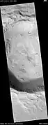 Wide view of crater that has columnar jointing that is visible in enlarged images that follow.  Picture taken with HiRISE.
