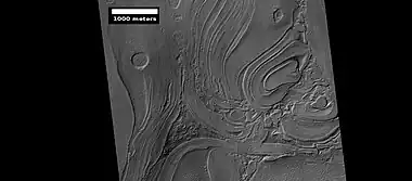 Close-up of banded terrain on the floor of the Hellas basin, as seen by HiRISE.  Other, previous photos show wide views of this region.