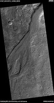 Streamlined shape in old river valley, as seen by HiRISE under HiWish program.  The streamlined shape is evidence of running water.