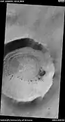 Wide view of crater that contains examples of spiders, as seen by HiRISE under HiWish program. Close views of some of the spider formations are shown in following images.