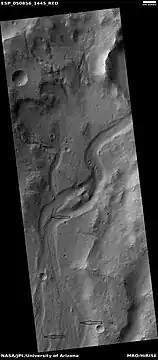 Channel, as seen by HiRISE under HiWish program.  Streamlined shapes are indicated with arrows.