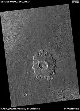 Pedestal crater, as seen by HiRISE under HiWish program.  Mesa on the crater floor formed after the crater.
