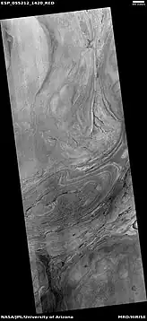 Twisted bands on the floor of Hellas Planitia, as seen by HiRISE under HiWish program.  These twisted bands are also called "taffy pull" terrain.