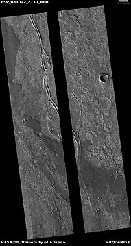 Lava channels,  as seen by HiRISE under HiWish program  The black strip is from an equipment malfunction.