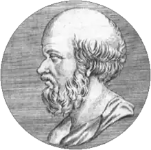 An etching of a man's head and neck in profile, looking to the left. The man has a beard and is balding.