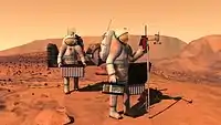 Concept art by NASA of two people in suits on Mars setting up weather equipment.