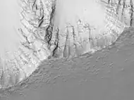 Layers in the wall of Noctis Labyrinthus taken with Mars Global Surveyor, under the MOC Public Targeting Program. Courtesy NASA/Malin Space Science Systems.