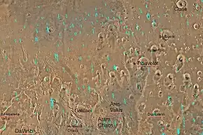 Quadrangle map of Oxia Palus labeled with major features.  This quadrangle contains many collapsed areas of Chaos and many outflow channels (old river valleys).