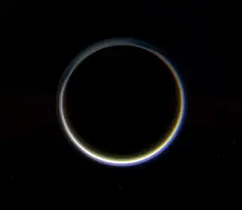 A highly improved version of Titan's nightside compared to Voyager 2's older nightside photograph. Imaged by the more-advanced Cassini spacecraft on October 12, 2009.