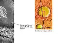 Whiterock on crater floor may be what is left of a much larger deposit.  Arrow shows that the deposit once reached much farther.  Picture taken by THEMIS.