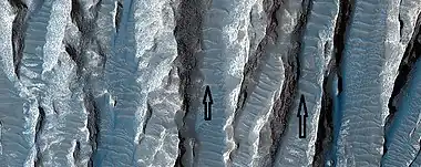 Close-up image of yardangs, as seen by HiRISE under HiWish program.  Arrows point to transverse aeolian ridges (TARs), a type of dune.  Note this is an enlargement of the previous image from HiRISE.