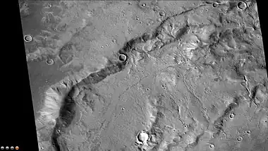 Small channels in Focus Crater, as seen by CTX camera (on Mars Reconnaissance Orbiter). Note this is an enlargement of the previous CTX image of Focas Crater.
