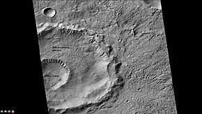 Gasa Crater, as seen by CTX. Note: Gasa Crater is the smaller crater.  It is believed the impact that created Gasa occurred in a debris-covered glacier.