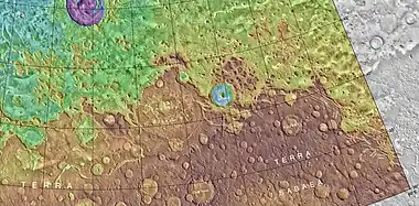MOLA map showing Rudaux Crater, and other nearby craters.  Colors show elevations.