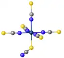 Crystal structure of [ReIV(NCS)5(SCN)]2-. Color code: blue = N, yellow = S.
