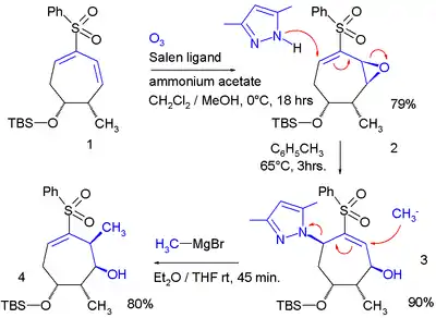 A diene epoxide (from Jacobsen epoxidation) adds a pyrazole with an allylic shift. Then methylmagnesium bromide expulses the pyrazole with another allylic shift, returning the remaining double-bond to its original position.