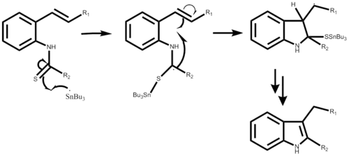 Step-wise mechanism of the Fukuyama Indole Synthesis starting with the alkenylthioanilide substituent.