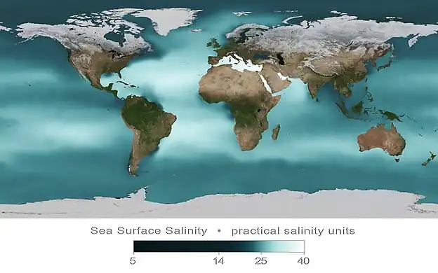 Annual mean sea surface salinity, measured in 2009 in practical salinity units