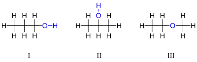Structural isomers of C3H8O: I 1-propanol, II 2-propanol, III ethyl-methyl-ether.