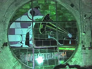 One of 4 Nipper stained glass windows seen from inside the "Nipper Tower" in the old RCA Victor Building 17