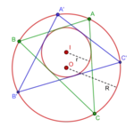 Two poristic triangles ABC and A'B'C' with respect to circles I(r) and O(R)