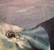 A blue-tinted painting of a man's bent neck, with a faint image of a woman's face in its background